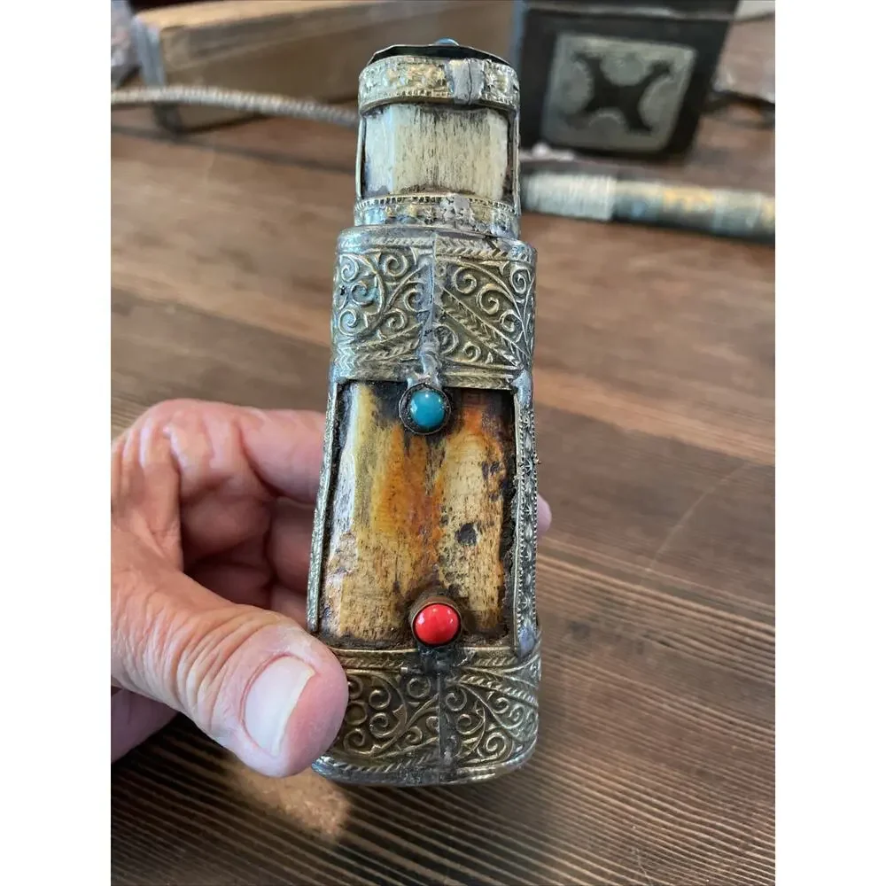 Vntg Carved Snuff Bottle Bovine Bone Silver Brass Turquoise Coral 5”Tibetan